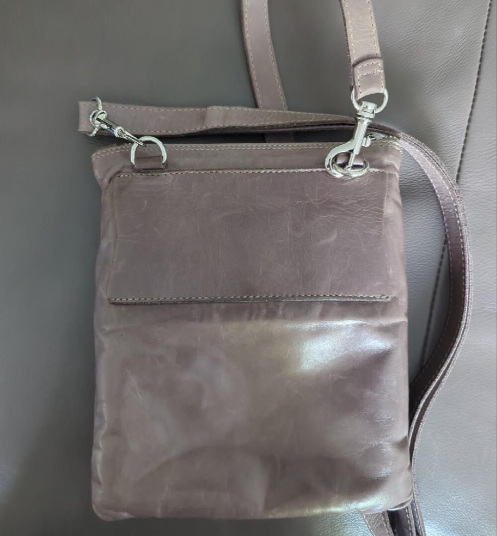 M0851 Taupe Purple Grey Leather Crossbody Bag - Minimal Shoulder Bag - Picture 2 of 3
